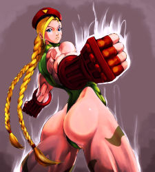 Rule 34 | 1990s (style), 1girl, abs, ass, aura, beret, blonde hair, blue eyes, braid, cammy white, camouflage, clenched hands, earrings, fingerless gloves, foreshortening, from behind, garrison cap, gloves, hat, jewelry, leotard, long hair, looking back, muscular, muscular female, scar, shopyun, solo, street fighter, street fighter ii (series), thick thighs, thighs, thong leotard, twin braids
