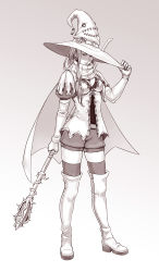 Rule 34 | 1girl, boots, brown theme, cape, cheshirrr, commentary, elbow gloves, english commentary, full body, gloves, gradient background, grey background, hair tubes, hand up, hat, highres, holding, holding staff, limited palette, long hair, looking at viewer, monochrome, original, parted lips, short shorts, short sleeves, shorts, smile, solo, staff, standing, thigh boots, thighhighs, wide sleeves, witch, witch hat, zipper footwear