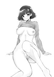 Rule 34 | 1girl, bad anatomy, bad proportions, barefoot, blunt bangs, blush, bottomless, braid, breasts, breasts apart, cleft of venus, commentary, commission, crown braid, embarrassed, english commentary, facing viewer, functionally nude, greyscale, highres, long sleeves, looking at viewer, medium breasts, monochrome, niijima makoto, nipples, norman maggot, persona, persona 5, pussy, short hair, simple background, solo, sweater, turtleneck, turtleneck sweater, uncensored, white background