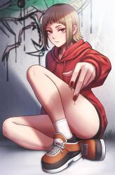 Rule 34 | 1girl, bleached hair, blonde hair, blood, blood on hands, chainsaw man, graffiti, highres, horns, legs, looking at viewer, multicolored hair, red eyes, red horns, roots (hair), sawatari akane (chainsaw man), shadow, short hair, short shorts, shorts, sitting, slit pupils, snake, solo, veniac