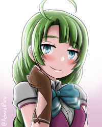 Rule 34 | 1girl, admiral paru, ahoge, blue eyes, bow, bowtie, braid, brown gloves, fingerless gloves, gloves, gradient background, green bow, green bowtie, green hair, highres, kantai collection, long hair, looking at viewer, mole, mole under mouth, puffy sleeves, purple background, school uniform, short sleeves, single braid, smile, solo, thick eyebrows, twitter username, upper body, very long hair, white background, yuugumo (kancolle), yuugumo kai ni (kancolle)
