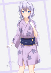Rule 34 | 01021235, 1girl, absurdres, blue eyes, commentary, crescent, crescent pin, english commentary, feet out of frame, highres, japanese clothes, kantai collection, kimono, leaf print, looking at viewer, one-hour drawing challenge, purple hair, purple kimono, short hair, short hair with long locks, solo, yayoi (kancolle), yukata