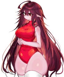 Rule 34 | 1girl, ahoge, bare arms, breasts, brown hair, closed mouth, cowboy shot, empty eyes, friday night funkin&#039;, girlfriend (friday night funkin&#039;), highres, large breasts, leotard, long hair, pointy ears, red eyes, red leotard, simple background, solo, standing, thighhighs, usa37107692, very long hair, white background, white thighhighs