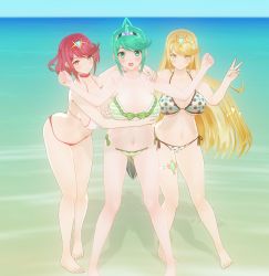 Rule 34 | 3d, 3girls, absurdres, aliasing, beach, bikini, blonde hair, blush, grabbing another&#039;s breast, breasts, cleavage, closed mouth, custom maid 3d 2, grabbing, green eyes, green hair, highres, large breasts, long hair, looking at viewer, multiple girls, mythra (xenoblade), navel, nintendo, ocean, open mouth, pneuma (xenoblade), ponytail, pyra (xenoblade), red eyes, red hair, sand, selfcest, short hair, shy, sky, smile, standing, swimsuit, thigh strap, towel, triple persona, underboob, very long hair, water, xenoblade chronicles (series), xenoblade chronicles 2, yellow eyes