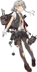 Rule 34 | 10s, 1girl, asymmetrical hair, black pantyhose, collared shirt, damaged, full body, gloves, grey eyes, grey skirt, kantai collection, konishi (koconatu), loafers, looking at viewer, machinery, neckerchief, necktie, nowaki (kancolle), official art, open clothes, open vest, pantyhose, pleated skirt, school uniform, shirt, shoes, short hair, silver hair, skirt, solo, thigh strap, tie clip, torn clothes, torn pantyhose, torn shirt, torn skirt, transparent background, turret, vest, white gloves, yellow necktie