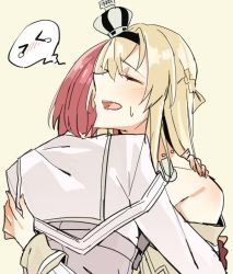 Rule 34 | 2girls, ark royal (kancolle), asakawa (outeq), blonde hair, blush, braid, collarbone, commentary, crown, crying, dress, closed eyes, fingernails, french braid, hair ornament, hairband, hand around neck, hug, jacket, jewelry, kantai collection, long hair, long sleeves, mini crown, multiple girls, necklace, off-shoulder dress, off shoulder, open mouth, red hair, short hair, simple background, sweat, tears, teeth, upper body, warspite (kancolle), white jacket, yellow background