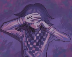 Rule 34 | 1boy, buttons, checkered clothes, checkered scarf, closed mouth, danganronpa (series), danganronpa v3: killing harmony, facing viewer, grey jacket, hand over face, jacket, long sleeves, male focus, medium hair, oma kokichi, purple background, scarf, solo, umeumeumestar, upper body