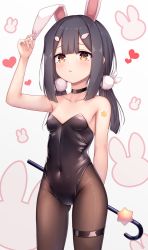Rule 34 | 1girl, animal ears, arata (xin), arm up, bare shoulders, black hair, black leotard, blush, breasts, brown eyes, brown pantyhose, cane, choker, covered navel, fake animal ears, fate/kaleid liner prisma illya, fate (series), female focus, hair ornament, hairclip, heart, highleg, highleg leotard, highres, leotard, low twintails, miyu edelfelt, pantyhose, playboy bunny, rabbit ears, small breasts, solo, strapless, strapless leotard, thigh strap, thighs, twintails