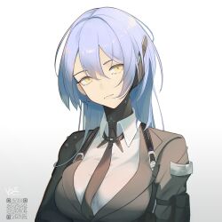 Rule 34 | 1girl, black jacket, black necktie, blue hair, breasts, chest harness, chiko (punishing: gray raven), chinese commentary, collared shirt, commentary, commission, cross, cross earrings, earpiece, earrings, gradient background, hair between eyes, hair intakes, harness, head tilt, highres, jacket, jewelry, jijing zishui, lapels, looking at viewer, medium breasts, necktie, notched lapels, punishing: gray raven, qr code, shirt, shoulder pouch, signature, simple background, single earring, single shoulder pad, solo, suit jacket, upper body, white shirt, yellow eyes