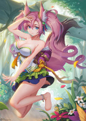 Rule 34 | 1girl, animal ears, anklet, bare arms, bare legs, bare shoulders, barefoot, blue eyes, breasts, cleavage, drill hair, feet, flower, forest, fox ears, fox tail, hair between eyes, hand on own forehead, jewelry, jumping, large breasts, layered skirt, legs, leo thasario, long hair, looking at viewer, miniskirt, nature, original, outdoors, outstretched arm, path, petals, pink hair, revision, road, sash, skirt, smile, solo, strapless, sunlight, tail, toes, tree, twin drills, twintails, twitter username, very long hair