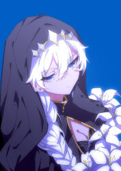 Rule 34 | 1girl, absurdres, black dress, blue background, blue eyes, braid, breasts, chinese commentary, cleavage, closed mouth, commentary, dress, flower, from above, habit, hair between eyes, hair over shoulder, highres, honkai (series), honkai impact 3rd, kallen kaslana, lucifer1945, nun, simple background, single braid, solo, white flower, white hair