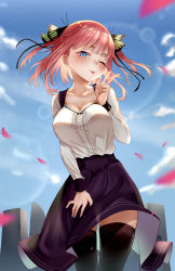 Rule 34 | 1girl, ;p, absurdres, black ribbon, blue eyes, blue nails, blue sky, blurry, blush, bokeh, breasts, butterfly hair ornament, cleavage, cloud, collarbone, commentary, cowboy shot, depth of field, dress, english commentary, frilled dress, frills, from below, go-toubun no hanayome, gradient hair, gradient nails, hair ornament, hand on own thigh, high-waist skirt, highres, large breasts, looking at viewer, medium hair, medium skirt, multicolored hair, multicolored nails, nail polish, nakano nino, one eye closed, outdoors, petals, pink hair, print thighhighs, purple nails, ribbon, shirt, skirt, sky, sleeve cuffs, solo, thighhighs, tongue, tongue out, twintails, w, white shirt, wind, zasshu