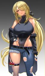 Rule 34 | 1girl, absurdres, alternate costume, anima (togashi), asymmetrical legwear, bare shoulders, belt, black belt, black jacket, black leotard, blonde hair, breasts, chain, closed mouth, covered navel, cowboy shot, creatures (company), cynthia (pokemon), dangle earrings, denim, detached sleeves, earrings, fingerless gloves, fur-trimmed jacket, fur trim, game freak, gloves, gluteal fold, gradient background, grey eyes, groin, hair ornament, hair over one eye, hand on own hip, highres, jacket, jeans, jewelry, large breasts, leotard, looking at viewer, nintendo, off shoulder, pants, poke ball, poke ball (basic), pokemon, pokemon dppt, skindentation, solo, thigh strap, thighs, torn clothes, torn jeans, torn pants, uneven legwear
