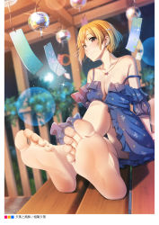Rule 34 | 1girl, aiba yumi, barefoot, blonde hair, blue dress, blurry, blurry background, breasts, brown eyes, casino (casinoep), cleavage, closed mouth, crossed ankles, depth of field, dress, feet, foot focus, full body, hair ornament, hairclip, highres, idolmaster, idolmaster cinderella girls, jewelry, large breasts, light particles, looking at viewer, necklace, night, non-web source, presenting foot, short hair, short sleeves, sitting, soles, solo, strap slip, toes, wind chime