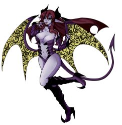 Rule 34 | 1girl, :p, bare shoulders, black sclera, boots, breasts, bridal gauntlets, center opening, choker, cleavage, colored sclera, colored skin, demon girl, demon horns, demon tail, demon wings, fearless night, hell princess, high heels, highres, horns, knee boots, large breasts, long hair, md5 mismatch, navel, pointy ears, pride-kun, purple skin, red hair, tail, tongue, tongue out, transparent background, wings, yellow eyes