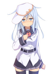 Rule 34 | 10s, 1girl, bad id, bad pixiv id, black thighhighs, blue eyes, blue hair, blush, hammer and sickle, hat, heart, heart-shaped lock, heart necklace, hibiki (kancolle), jewelry, kantai collection, lock, long hair, looking at viewer, matching hair/eyes, necklace, personification, pleated skirt, school uniform, serafuku, shinopoko, silver hair, simple background, skirt, solo, star (symbol), thighhighs, verniy (kancolle), wavy mouth, white background, zettai ryouiki