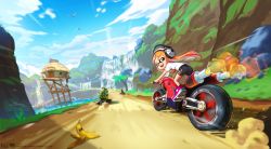 Rule 34 | 1girl, 2boys, artist name, ass, banana peel, bike shorts, bird, blue sky, bowser, commentary, crossover, day, driving, english commentary, exhaust pipe, fangs, go-kart, headphones, highres, inkling, inkling girl, inkling player character, item box (mario), looking at viewer, looking back, mario, mario (series), mario kart, mario kart 8, mario kart wii, mleth, motion blur, motor vehicle, motorcycle, mountain, multiple boys, nintendo, open mouth, orange eyes, orange hair, palm tree, racing, riding, road, shoes, short shorts, shorts, sky, sneakers, speed lines, spiked shell, splatoon (series), tentacle hair, tree, water, waterfall, watermark, web address