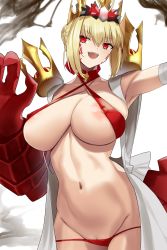 Rule 34 | 1girl, ahoge, areola slip, bikini, blonde hair, braid, breasts, covered erect nipples, criss-cross halter, crown, dragon claw, dragon tail, elbow gloves, facial mark, fate/grand order, fate/grand order arcade, fate (series), french braid, gachou, gloves, hair bun, hair intakes, hair ribbon, halterneck, highres, large breasts, long hair, looking at viewer, navel, nero claudius (fate), nero claudius (fate) (all), open clothes, open mouth, queen draco (fate), queen draco (second ascension) (fate), red bikini, red eyes, red ribbon, ribbon, robe, smile, solo, swimsuit, tail, white gloves, white robe