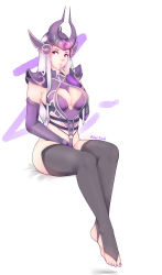 Rule 34 | 1girl, armor, artist name, between legs, black thighhighs, blush, breasts, cleavage, dulapda, ear protection, feet, fingers to mouth, forehead jewel, forehead protector, full body, gloves, hand between legs, helmet, highres, large breasts, league of legends, long hair, looking at viewer, nail polish, parted lips, pauldrons, purple eyes, purple nails, shoulder armor, sideways glance, signature, silver hair, simple background, sitting, solo, syndra, thighhighs, toeless legwear, toenail polish, toenails, toes, white background