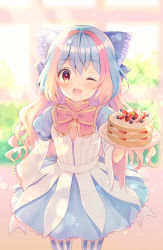 Rule 34 | 1girl, ;d, blue dress, blue hair, blurry, blurry background, blush, bow, cake, commentary request, depth of field, dress, food, fruit, gloves, hair between eyes, highres, holding, holding plate, kuroe (sugarberry), layered sleeves, little alice (wonderland wars), long sleeves, multicolored hair, one eye closed, open mouth, pantyhose, pink bow, pink hair, plate, puffy short sleeves, puffy sleeves, red eyes, short over long sleeves, short sleeves, sleeves past wrists, smile, solo, standing, strawberry, striped clothes, striped gloves, striped pantyhose, two-tone hair, vertical-striped clothes, vertical-striped pantyhose, wide sleeves, wonderland wars