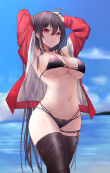 Rule 34 | 1girl, absurdres, armpits, arms behind head, artist request, azur lane, beach, bikini, breasts, cleavage, highres, jacket, large breasts, long hair, navel, red eyes, smile, solo, swimsuit, taihou (azur lane), taihou (enraptured companion) (azur lane), thighhighs, thighs, very long hair