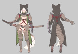 Rule 34 | 1girl, animal ears, animal hood, armor, armored boots, black coat, boots, breasts, brown footwear, cleavage, closed mouth, coat, commentary request, enkyo yuuichirou, fake animal ears, gauntlets, gluteal fold, grey background, highres, hood, hood up, hooded coat, katana, looking at viewer, medium breasts, multiple tails, multiple views, navel, original, puffy short sleeves, puffy sleeves, scale armor, scales, sheath, sheathed, short sleeves, simple background, standing, sword, tail, turnaround, weapon