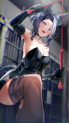 Rule 34 | 1girl, animal ears, armpits, bdsm, black corset, black gloves, black hair, black thighhighs, blurry, blurry background, blush, breasts, cleavage, collar, collarbone, commentary request, corset, cross-laced clothes, detached sleeves, ear ornament, elbow gloves, gloves, highres, holding, holding whip, horse ears, horse girl, horse tail, kamome (aiou0413), looking at viewer, medium breasts, mejiro ramonu (umamusume), mole, mole under eye, multicolored hair, open mouth, prison cell, solo, streaked hair, tail, teeth, thighhighs, umamusume, upper teeth only, white hair