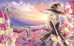 Rule 34 | 1girl, black robe, blouse, blue eyes, blush, braid, broom, broom riding, elaina (majo no tabitabi), feet out of frame, hat, highres, looking at viewer, majo no tabitabi, outdoors, robe, scenery, shirt, solo, sunset, white shirt, witch, witch hat