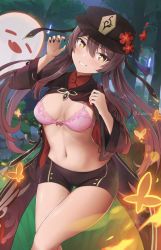 Rule 34 | 1girl, black hat, boo tao (genshin impact), bra, breasts, brown shorts, bug, butterfly, claw pose, crop top, feet out of frame, flower, genshin impact, grin, hair between eyes, hands up, hat, highres, hu tao (genshin impact), insect, long sleeves, looking at viewer, medium breasts, navel, panties, pink bra, plum blossoms, porkpie hat, red flower, short shorts, shorts, sidelocks, smile, solo, stomach, thighs, twintails, underwear, zuikillme