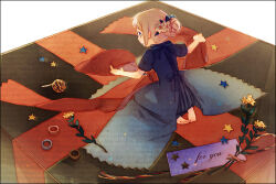 Rule 34 | 1girl, 21grams, back bow, barefoot, blonde hair, blue bow, blue dress, blue eyes, blue ribbon, bow, child, closed mouth, commentary, commentary request, dress, english commentary, flower, from behind, full body, gift, hair bun, hair flower, hair ornament, hair ribbon, holding, holding ribbon, kneeling, long dress, mixed-language commentary, original, oversized object, red ribbon, ribbon, short hair, simple background, single hair bun, smile, solo, star (symbol), tag, toes, white background, white flower, yellow flower