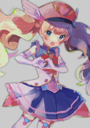 Rule 34 | 1girl, absurdres, blue eyes, blue skirt, character request, detached sleeves, garter straps, gloves, hat, hat feather, heart, heart hands, highres, ijen (ljenejl), open mouth, pink hair, pink hat, princess connect!, skirt, solo, twintails, vest, white gloves, white legwear, white vest