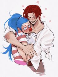 Rule 34 | 2boys, absurdres, amputee, blue hair, blush, buggy the clown, closed eyes, closed mouth, clown nose, collared shirt, flower, highres, hug, long hair, long sleeves, male focus, missing limb, multicolored shirt, multiple boys, one piece, ponytail, red hair, red shirt, scar, scar on face, shanks (one piece), shirt, short hair, simple background, striped clothes, striped shirt, twitter username, vamos mk, white background, white shirt
