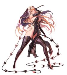 Rule 34 | 1girl, black thighhighs, blonde hair, boots, breasts, cleavage, destiny child, elbow gloves, fingerless gloves, full body, gloves, grin, high heels, large breasts, long hair, miriam (destiny child), official alternate costume, official art, red eyes, smile, solo, thigh boots, thighhighs, transparent background, weapon