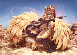 Rule 34 | 1girl, artist name, barbariank, bare shoulders, bird wings, blue eyes, breasts, brown hair, cleavage, dark-skinned female, dark skin, feathered wings, feathers, female focus, gandharva, gandharva (monster girl encyclopedia), harem outfit, harpy, instrument, jewelry, large breasts, md5 mismatch, midriff, monster girl, monster girl encyclopedia, monster girl encyclopedia ii, navel, pants, pasties, pointy ears, ponytail, revealing clothes, signature, sitar, smile, solo, tail, talons, tan, winged arms, wings