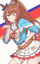Rule 34 | 1girl, animal ears, artist name, blouse, blowing kiss, blue jacket, blush, bow, breasts, brown hair, cleavage, cosplay, crop top, dated, ear bow, green eyes, hand on own hip, highres, horse ears, jacket, kawashina (momen silicon), layered skirt, looking at viewer, maruzensky (umamusume), medium breasts, midriff, miniskirt, navel, nice nature (run&amp;win) (umamusume), nice nature (umamusume), nice nature (umamusume) (cosplay), one eye closed, partially unzipped, ponytail, puckered lips, sailor collar, shirt, shorts, skirt, solo, thighhighs, umamusume, white shirt, white skirt