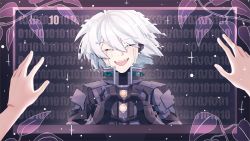 Rule 34 | 1boy, 1other, android, armor, black background, buttons, cheer (cheerpuppy14), closed eyes, commentary, crying, danganronpa (series), danganronpa v3: killing harmony, facing viewer, gradient background, grey hair, hair between eyes, hands up, happy tears, heart, heart hands, k1-b0, male focus, open mouth, pov, power armor, short hair, smile, solo focus, tears, upper body, white hair