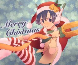 Rule 34 | 1boy, belt, blue eyes, christmas, closed mouth, fur trim, hat, looking at viewer, male focus, merry christmas, rusinomob, santa hat, smile, snowflakes, solo, star ocean, star ocean the second story, striped clothes, striped thighhighs, thighhighs, weapon, zadkiel (star ocean)