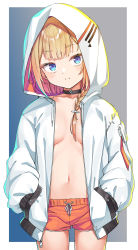 Rule 34 | 1girl, blonde hair, blue background, blue eyes, border, braid, breasts, cevio, choker, closed mouth, dolphin shorts, drawstring, female focus, gradient background, hands in pockets, highres, hood, hood up, jacket, konnyaku (kk-monmon), looking at viewer, multicolored hair, navel, one (cevio), open clothes, open jacket, outside border, short shorts, shorts, small breasts, solo, streaked hair, white border, white jacket