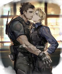 Rule 34 | 2boys, bara, beard, brown hair, chris redfield, e (h798602056), eye contact, facial hair, feet out of frame, from side, hand on another&#039;s waist, highres, kiss, leon s. kennedy, looking at another, male focus, mature male, military, military uniform, multiple boys, resident evil, resident evil 4, resident evil 4 (remake), short hair, stubble, toned, toned male, uniform, veins, veiny arms, window, yaoi