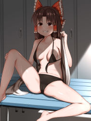 Rule 34 | 1girl, absurdres, bare arms, bare legs, bare shoulders, barefoot, bench, benikurage (cookie), bikini, black bikini, black hair, blush, bow, breasts, brown eyes, cameltoe, collarbone, commentary, cookie (touhou), feet out of frame, frilled bow, frills, front-tie bikini top, front-tie top, grin, hair bow, hair tubes, hakurei reimu, hand up, highres, holding, holding towel, indoors, knees up, locker, locker room, long hair, looking at viewer, navel, red bow, shadow, sidelocks, sinzen, sitting, small breasts, smile, solo, spread legs, stomach, sweat, swimsuit, thighs, touhou, towel, untied bikini