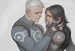 Rule 34 | 2boys, aged up, captain america: the winter soldier, captain america (series), captain america the winter soldier, cyborg, finger in another&#039;s mouth, grey hair, hand in mouth, james buchanan barnes, liduke, male focus, marvel, marvel cinematic universe, mechanical arms, multiple boys, old, old man, single mechanical arm, steve rogers, superhero costume, time paradox, white hair, winter soldier, yaoi