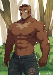 Rule 34 | 1boy, abs, animal ears, bara, bear boy, bear ears, brown fur, bulge, chest hair, clothing cutout, denim, facial hair, facial mark, forest, furry, furry male, goatee, green pants, highres, jeans, large pectorals, looking at viewer, male focus, muscular, muscular male, nature, navel, nipples, original, outdoors, pants, pectorals, scar, scar across eye, scar on face, short hair, smile, solo, stomach, thick thighs, thigh cutout, thighs, topless male, torn clothes, torn pants, zifu