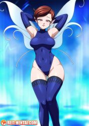 Rule 34 | 1girl, armpits, arms behind head, arms up, blue leotard, blue thighhighs, breasts, brown eyes, brown hair, commentary, covered navel, elbow gloves, english commentary, fairy, fairy wings, gloves, gluteal fold, highleg, highleg leotard, highres, leotard, pixie (megami tensei), pointy ears, reit, shin megami tensei, short hair, smile, solo, thigh gap, thighhighs, very short hair, wings