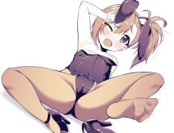 Rule 34 | 1girl, animal ears, bare shoulders, blush, breasts, fake animal ears, groin, hand on own head, high heels, leotard, leotard pull, misogi (princess connect!), nekono matatabi, one eye closed, open mouth, pantyhose, playboy bunny, princess connect!, rabbit ears, shoes, short hair, side ponytail, simple background, single shoe, sitting, small breasts, solo, spot color, strapless, strapless leotard, tearing up, white background, wrist cuffs