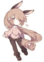 Rule 34 | 1girl, animal ears, black footwear, black pantyhose, black skirt, blush, boots, brown hair, chibi, closed mouth, collar, collared shirt, commentary, cross-laced footwear, english commentary, eyelashes, heart, highres, light smile, littlebluemuffin, long hair, long sleeves, looking at viewer, maplestory, maplestory 2, miniskirt, outline, pantyhose, pink eyes, pink sweater, pleated skirt, puffy long sleeves, puffy sleeves, rabbit ears, shirt, skirt, sweater, transparent background, very long hair, white collar, yellow outline