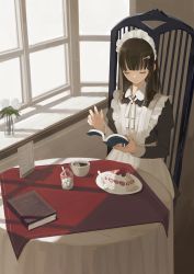 Rule 34 | 1girl, apron, black dress, blunt bangs, book, brown hair, cake, cake slice, chair, closed eyes, closed mouth, coffee, commentary request, cup, dress, flower, food, fork, frilled apron, frills, highres, holding, holding book, indoors, juliet sleeves, long hair, long sleeves, maid, maid apron, maid headdress, on chair, open book, original, plate, puffy sleeves, shii (kairi-t-k0317), sitting, smile, solo, table, vase, white apron, white flower, window