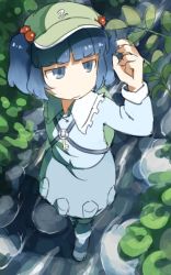 Rule 34 | 1girl, backpack, bag, blue eyes, blue footwear, blue hair, boots, branch, dress, from above, hair bobbles, hair ornament, hand up, hat, jitome, kawashiro nitori, key, leaf, long sleeves, matching hair/eyes, monosenbei, no nose, partially submerged, pebble, plant, pocket, river, rubber boots, shirt, short hair, skirt, skirt set, smile, solo, stream, touhou, two side up, water
