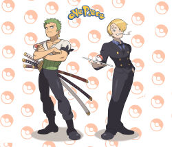 Rule 34 | 2boys, absurdres, blonde hair, collared shirt, crossed arms, curly eyebrows, facial hair, full body, goatee, green hair, hair over one eye, highres, male focus, multiple boys, necktie, no.6 (numberr 6), one piece, poke ball, pokemon rgby (style), roronoa zoro, sanji (one piece), shirt, short hair, smile, standing, striped clothes, striped shirt, style request, vertical-striped clothes, vertical-striped shirt