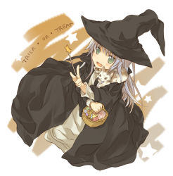 Rule 34 | 1girl, candy, cat, cosplay, english text, female focus, food, green eyes, halloween, hat, index (toaru majutsu no index), silver hair, sitting, solo, sphinx (toaru majutsu no index), star (symbol), tachitsu teto, toaru majutsu no index, trick or treat, wand, white background, witch hat