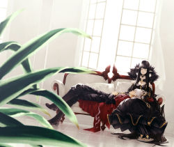 Rule 34 | 1boy, 1girl, absurdly long hair, amakusa shirou (fate), bad id, bad pixiv id, black hair, cape, couch, detached sleeves, fate/apocrypha, fate (series), highres, kagami ei, lap pillow, long hair, plant, pointy ears, semiramis (fate), very long hair, white hair, white upholstery